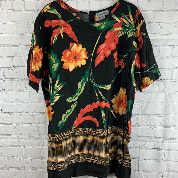 VINTAGE MARLA KIM Tunic Black with Tropical Print - Picture 1 of 7